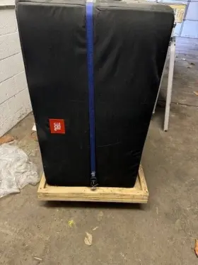 Srx928s Jbl Dual 18ftft Powered Subwoofer With Cover And On 4 Wheel Dolly Use