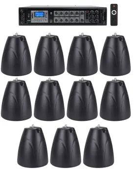 Rcs350-6 Rockville Pen-65t 6-zone Amp Receiver 11 Black Pendant Speakers For Restaurant/bar/cafe