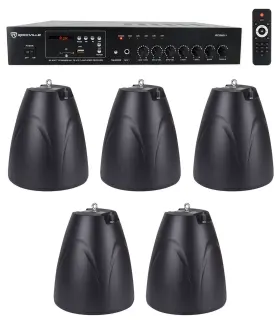 Pen-65t Rockville Rcs80-1 Commercial Amplifier 5 Black Pendant Speakers For Restaurant/bar/cafe