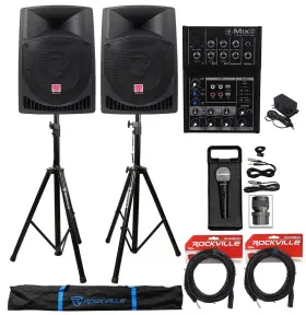 Rvss2-xlr Rockville Rpg12 Mix5 Rmc-xlr 2 12 Inch Active 800w Dj Pa Speakers Mackie Mixer Stands Mic Cables