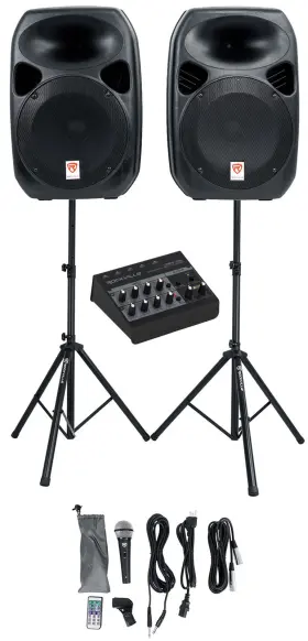 Rpg122k Rockville Line8 Dual 12 Inch Powered Speakers Bluetooth Mic Stands Cables Mixer
