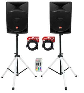Rcxfm20e-b Rockville Rpg15 Led 2 15 Inch Powered Active 1000 Watt Dj Pa Speakers Stands Cables