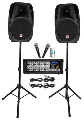 Rpg2x15 Rockville Package Pa System Mixer/amp 15 Inch Speakers Stands Mics Bluetooth