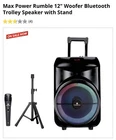 Maxpower Rumble Bluetooth Portable Trolley Speaker 12" Woofer W/ Stand & Mic Open. Price: $101.79.